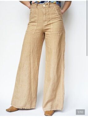Enza Costa 100% Linen High Waist Wide Leg Pant Beige NWOT Size XS